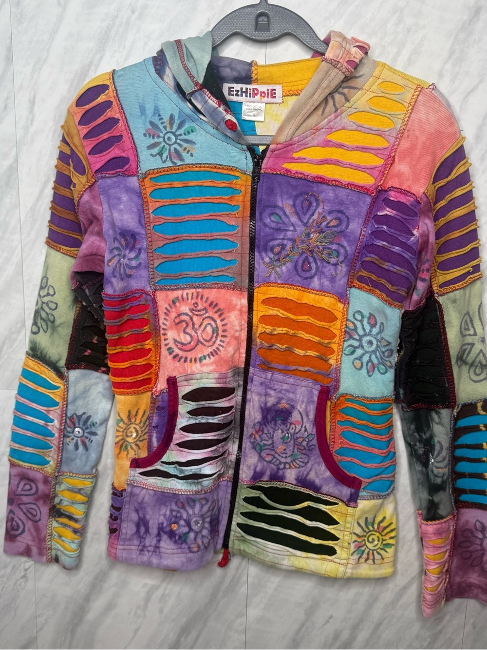 Vintage Ezhippie Multicolor Patchwork Utility Jacket with Hood Small